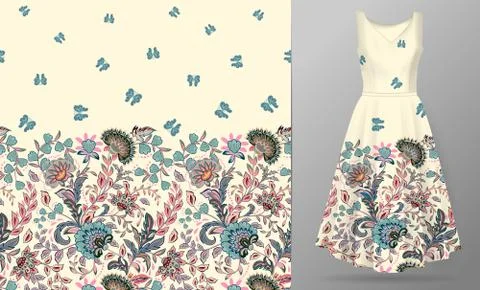 Vector seamless pattern with pastel blue pink beige flowers and butterfly Illustrazione stock