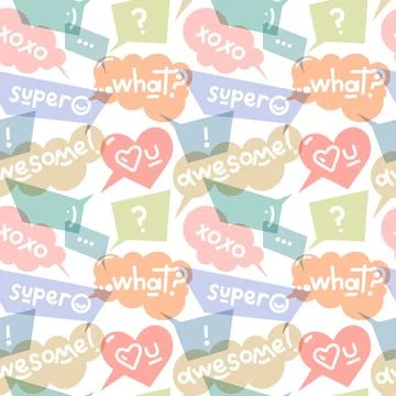 Vector seamless pattern with pastel color transparent speech bubbles with wor Stock Illustration