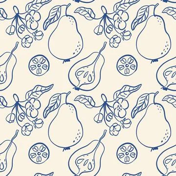 Vector seamless pattern with pears. Hand drawn blue textures. Stock Illustration