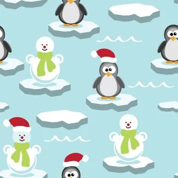 Vector seamless pattern with penguin and snowman on ice floe Stock-Illustration