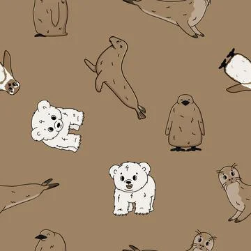 Vector seamless pattern of Penguin, king penguin chick, fur seal, polar bear  Stock Illustration