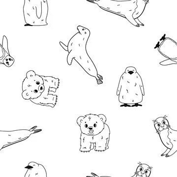 Vector seamless pattern of Penguin, king penguin chick, fur seal, polar bear  Stock Illustration