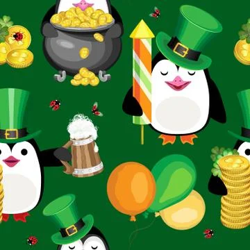 Vector seamless pattern of penguins with the symbols of St. Patrick's Day. Stock Illustration