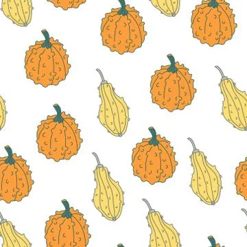 Vector seamless pattern with pimpled orange and yellow gourds. Stock Illustration