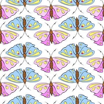 Vector seamless pattern of pink and blue cute butterflies in flat style. Cu.. Illustrazione stock