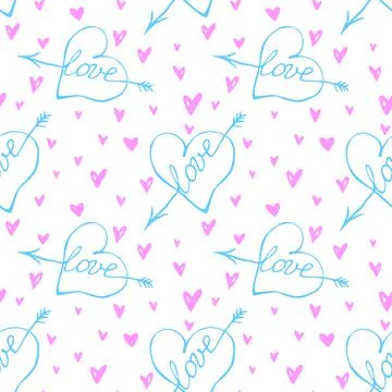 Vector seamless pattern of pink, blue hearts with an arrow and lettering. Han Stockillustratie