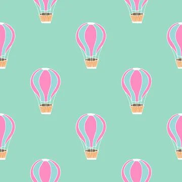 Vector seamless pattern with pink cartoon baloon on blue green background Stock Illustration
