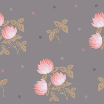 Vector seamless pattern with pink clover painted on it on a gray background. Stock Illustration