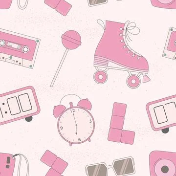 Vector seamless pattern with pink cute retro roller skates, sweet, watch, retro Illustrazione stock