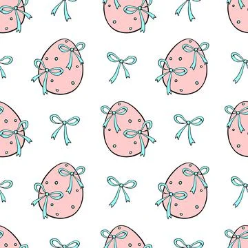 Vector seamless pattern with pink Easter eggs and blue bows. Spring hand draw Stock Illustration
