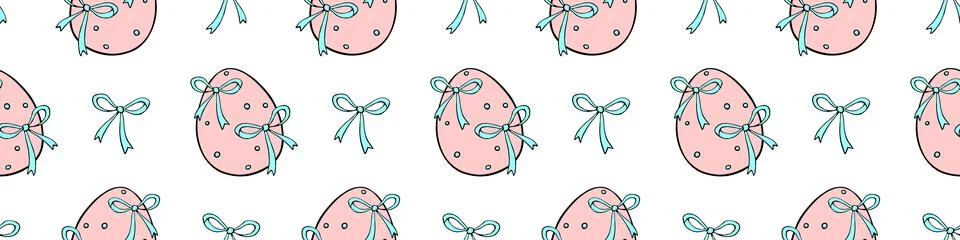 Vector seamless pattern with pink Easter eggs and blue bows. Spring hand draw Stockillustratie