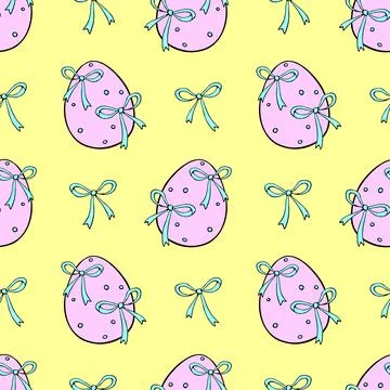 Vector seamless pattern with pink Easter eggs and blue bows. Spring hand draw Stock Illustration