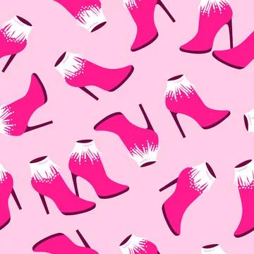 Vector seamless pattern with pink fashionable shoes. Handdrawn texture design Stock Illustration