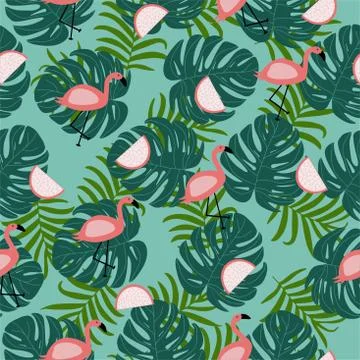 Vector seamless pattern with pink flamingo leaves with palm leaf Illustrazione stock