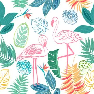 Vector seamless pattern with pink flamingo and  flowers, tropical jungle leav Illustrazione stock