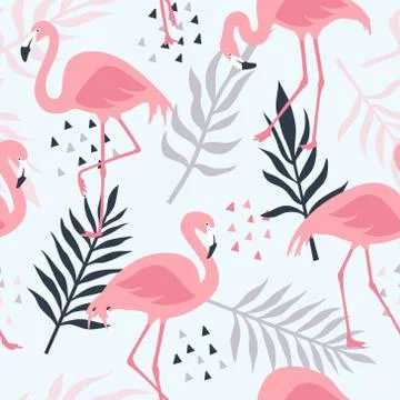 Vector seamless pattern with pink flamingos, tropical palm leaves and flowers Illustrazione stock