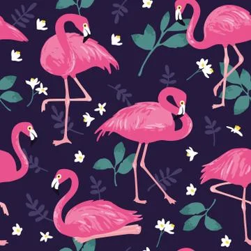 Vector seamless pattern with pink flamingos, tropical palm leaves and flowers Illustrazione stock