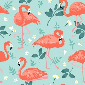 Vector seamless pattern with pink flamingos, tropical palm leaves and flowers Illustrazione stock