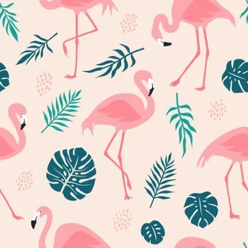 Vector seamless pattern with pink flamingos and tropical palm leaves. 스톡 일러스트
