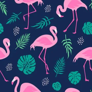 Vector seamless pattern with pink flamingos and tropical palm leaves. Illustrazione stock