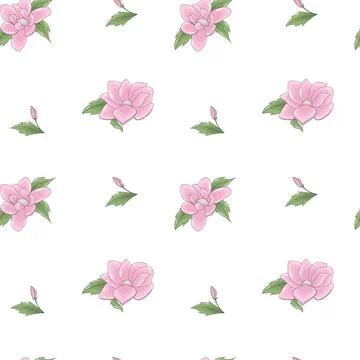 Vector seamless pattern of pink flowers and green leaves Stock Illustration