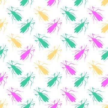 Vector seamless pattern of pink, green, yellow small mosquitos, moths, beetle Illustrazione stock