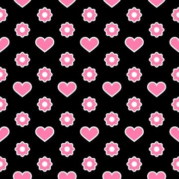 Vector Seamless Pattern. Pink hearts and flowers with a white outline on a black 스톡 일러스트