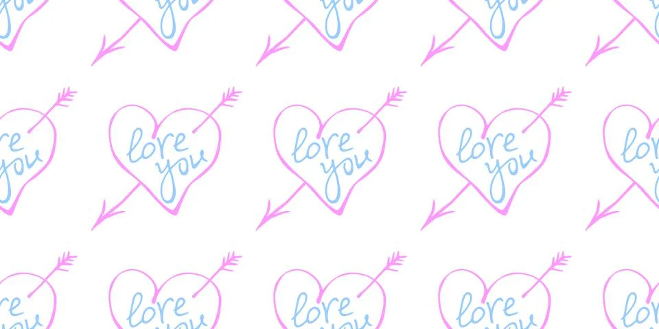 Vector seamless pattern of pink hearts with arrow and lettering love. Hand dr イラスト素材