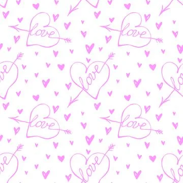 Vector seamless pattern of pink hearts with an arrow and lettering love. Hand Illustrazione stock