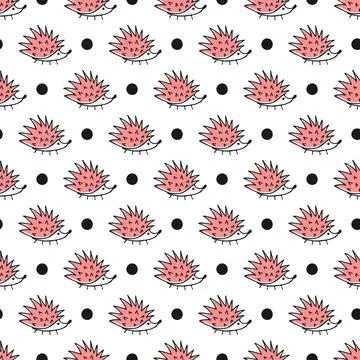 Vector seamless pattern with pink hedgehogs and dots on white background. Han Stock Illustration