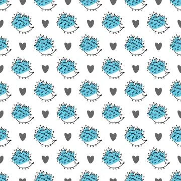 Vector seamless pattern with pink hedgehogs and hearts on white background. H Stock Illustration