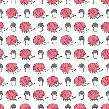 Vector seamless pattern with pink hedgehogs and mushroom on white background. Stock Illustration