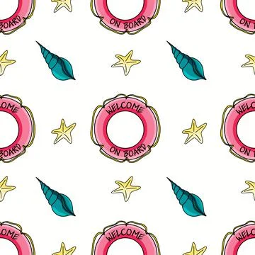 Vector seamless pattern with pink lifebuoy, blue seashell, yellow sea stars o Illustrazione stock