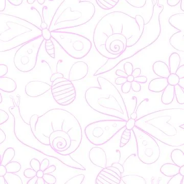 Vector seamless pattern of pink outline butterflies, honey bees, snails and f Stock Illustration