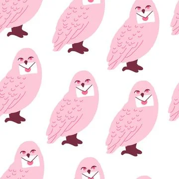 Vector seamless pattern with pink owls with mail. Owl delivery pattern. Pink Stock Illustration
