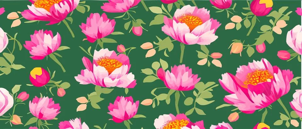 Vector seamless pattern with pink peonies and leaves on a green background. Illustrazione stock