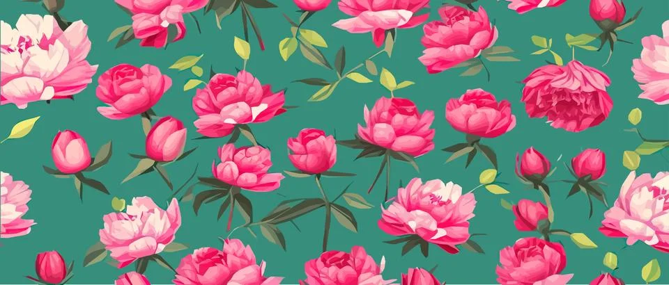 Vector seamless pattern with pink peonies and leaves on a green background. 스톡 일러스트