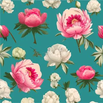 Vector seamless pattern with pink peonies and leaves on green background. Stock Illustration