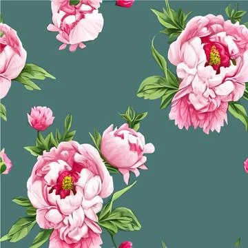 Vector seamless pattern with pink peonies and leaves on a green background. Stock Illustration
