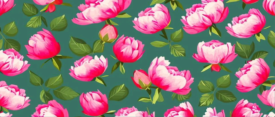 Vector seamless pattern with pink peonies and leaves on a green background. Stock Illustration