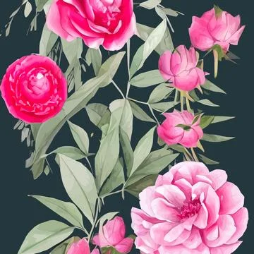 Vector seamless pattern pink peonies and leaves on green background. Romantic 스톡 일러스트