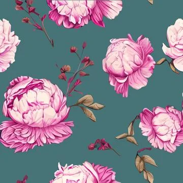 Vector seamless pattern with pink peonies and leaves on green background. イラスト素材