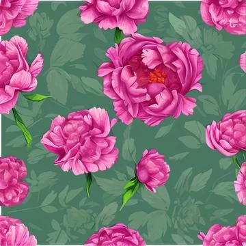 Vector seamless pattern with pink peonies and leaves on a green background. Stock Illustration
