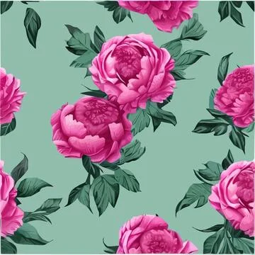 Vector seamless pattern with pink peonies and leaves on green background. Stock Illustration