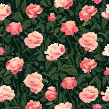 Vector seamless pattern with pink peonies and leaves on green background. 스톡 일러스트