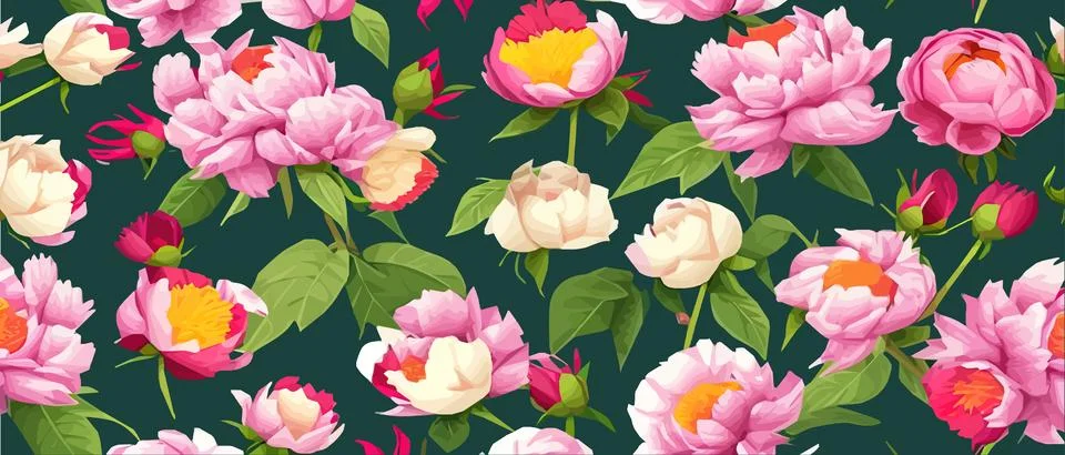 Vector seamless pattern with pink peonies and leaves on green background. 스톡 일러스트