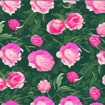 Vector seamless pattern pink peonies and leaves on green background. Romantic Stock Illustration