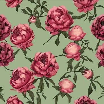 Vector seamless pattern with pink peonies and leaves on a green background. Stock Illustration