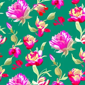 Vector seamless pattern with pink peonies and leaves on a green background. Stock Illustration