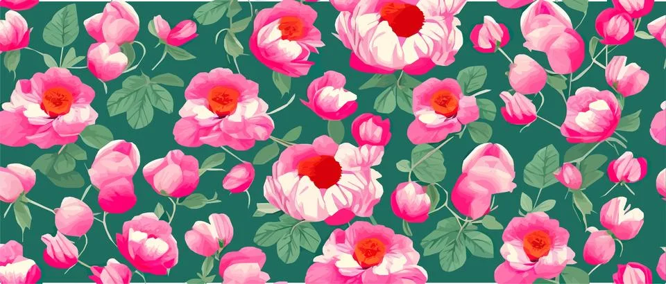 Vector seamless pattern with pink peonies and leaves on a green background. Stock Illustration